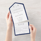 Minimaal monogram marineslauw en wit diner all in one uitnodiging (Afscheurbaar)