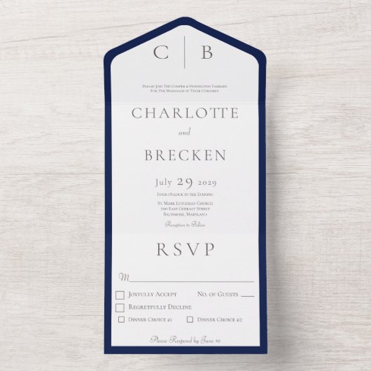 Minimaal monogram marineslauw en wit diner all in one uitnodiging (Binnen)