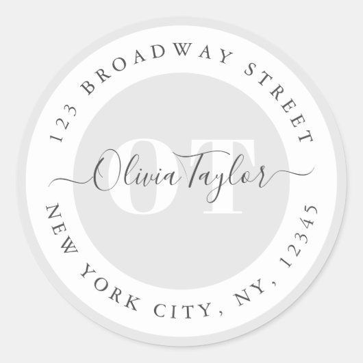 Minimaal Monogram modern Manuscript Grijs Adres va Ronde Sticker (Voorkant)