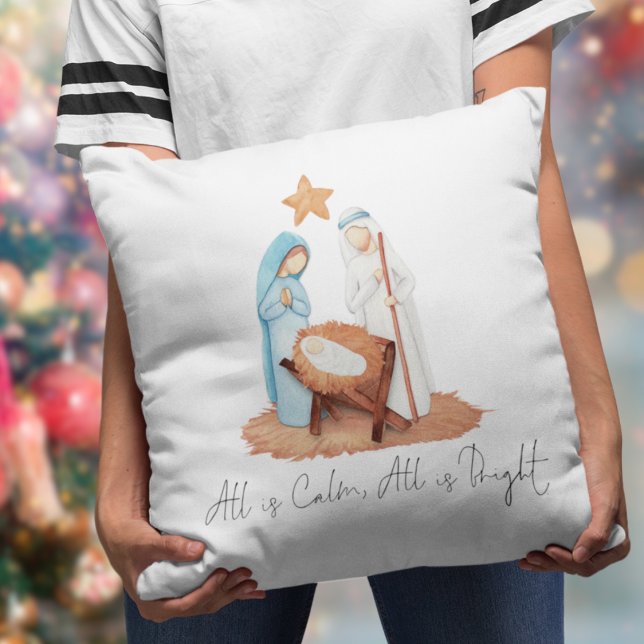 Minimaal Nativiteitsscènscript alles is kalm Kussen (Mar Joseph Baby Jesus Manger Pillow. Same design both sides.)
