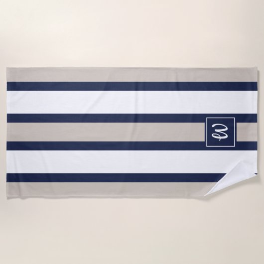 Minimaal Navy Blauwe Grijze Witte Strepen Monogram Strandlaken (Voorkant)