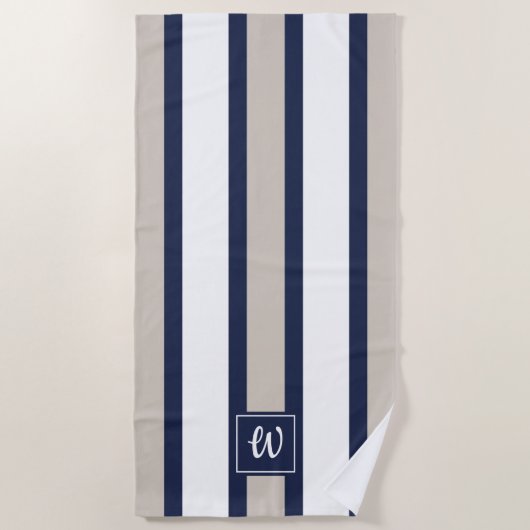Minimaal Navy Blauwe Grijze Witte Strepen Monogram Strandlaken (Voorkant)