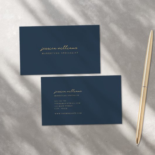 Minimaal Navy Gold Script Visitekaartje