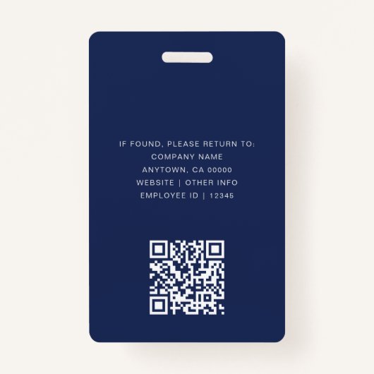 Minimaal Navy & White Kantoor Medewerker Foto-ID Q Badge (Achterkant)