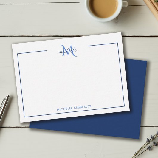 Minimaal Navyblauw en Wit Monogram Notitiekaartje