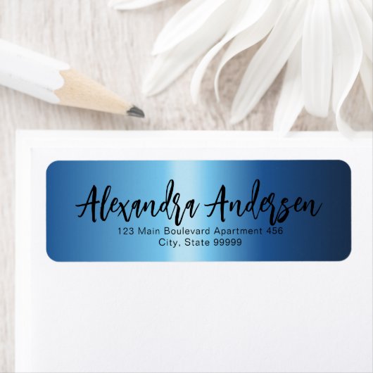 Minimaal Night Blue Metallic Trendy Script Label (Insitu)