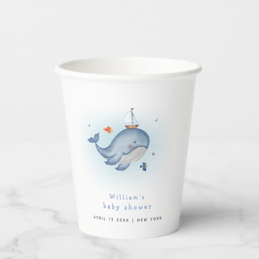 Minimaal onder het See Whale Nautica Baby shower Papieren Bekers (Voorkant)