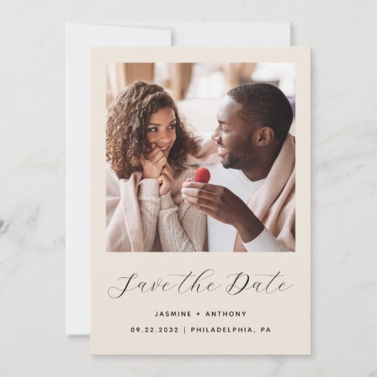 Minimaal One Photo Script Beige Save The Date (Voorkant)