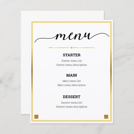 Minimaal Ontwerp Gouden Rand Bruiloft Event Menu (Voorkant / Achterkant)