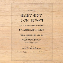 Minimaal ontwerp voor baby jongen shower typografi acryl uitnodigingen