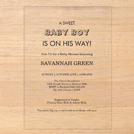 Minimaal ontwerp voor baby jongen shower typografi acryl uitnodigingen (Voorkant)