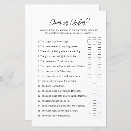 Minimaal "Over en Onder" Vrijgezellenfeest spel (Voorkant / Achterkant)