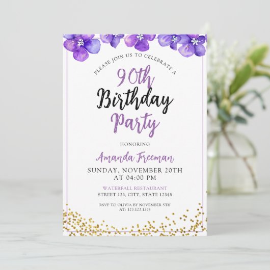 Minimaal paarse bloemen 90ste verjaardag kaart (Staand voorkant)