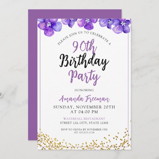 Minimaal paarse bloemen 90ste verjaardag kaart (Voorkant / Achterkant)