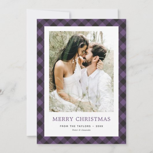 Minimaal Paarse geruite foto Vrolijk kerstfeest Feestdagenkaart (Voorkant)