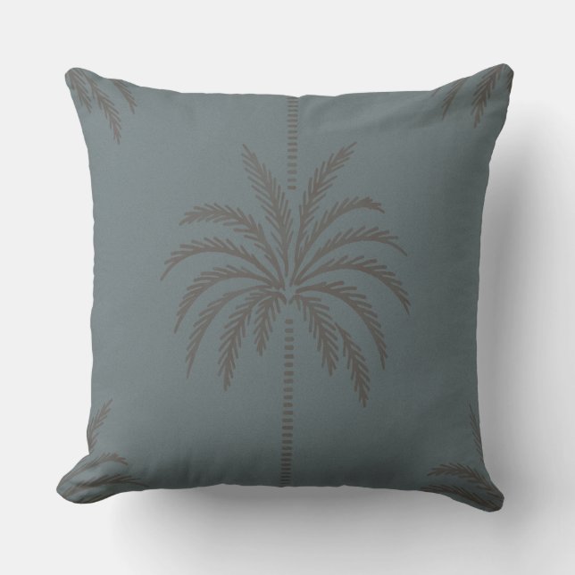 Minimaal Palmboompatroon Blauw Grijs Tropisch Kussen (Voorkant)