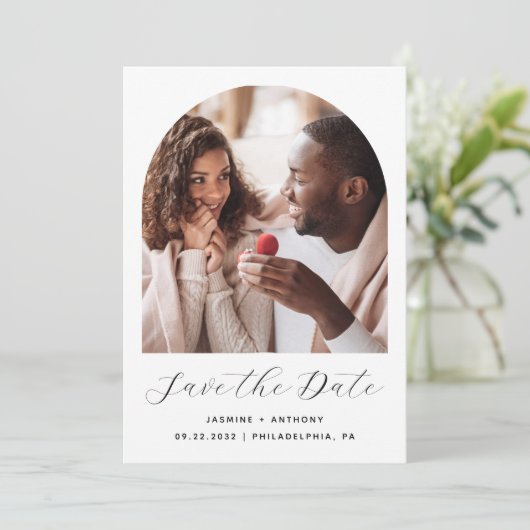 Minimaal Photo Arch Script QR Code Zwart-wit Save The Date (Staand voorkant)