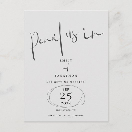 Minimaal potlood is in scriptgrijs Bewaar de datum Aankondigingskaart (Voorkant)