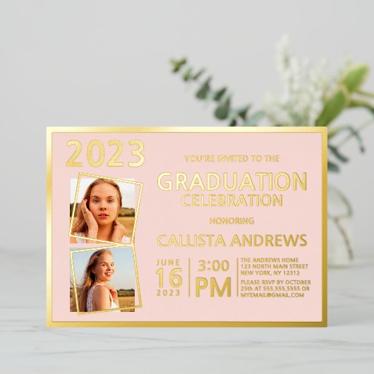 Minimaal Real Gold Foil Lijst Photo Afstuderen Folie Uitnodiging (Staand Voorkant)