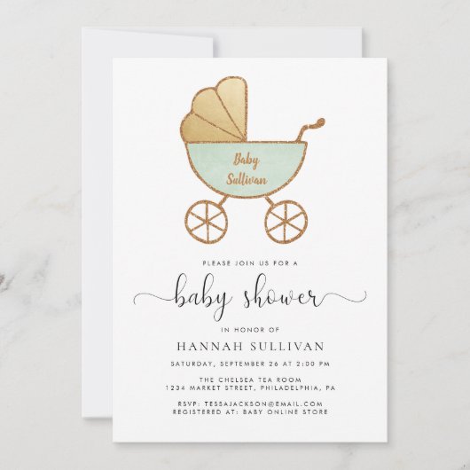 Minimaal Retro Carriage Mint Gold Schattige Baby s Kaart (Voorkant)