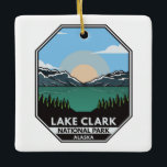 Minimaal Retro Emblem Lake Clark Keramisch Ornament<br><div class="desc">Vectorkunstontwerp van Lake Clark. Het park is een land van verbluffende schoonheid. Vulkaanstoom,  zalmrun,  beren foerageren en ondiepe bergen weerspiegelen zich in de turkooismeren.</div>