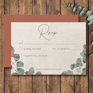Minimaal roestgroen Eucalyptus krans bruiloft RSVP Kaartje