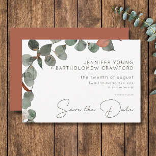 Minimaal roestgroen Eucalyptus krans bruiloft Save The Date