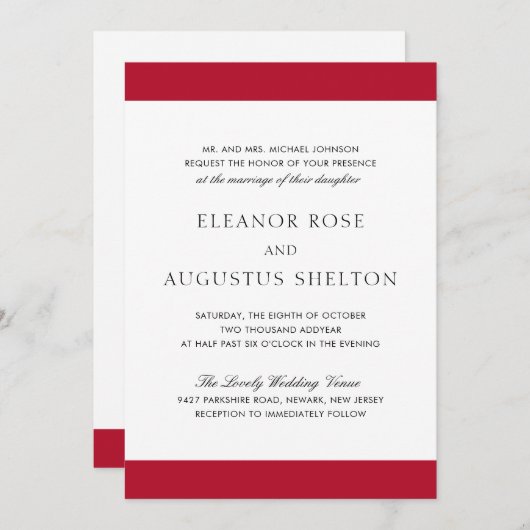 Minimaal rood en zwart Elegant modern huwelijk Kaart (Voorkant / Achterkant)