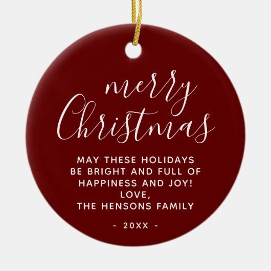 Minimaal rood wit maakt prettig kerstscript keramisch ornament (Voorkant)