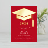 Minimaal rood & witgoud Pet Afstudeerder Aankondig Folie Uitnodiging (Staand Voorkant)