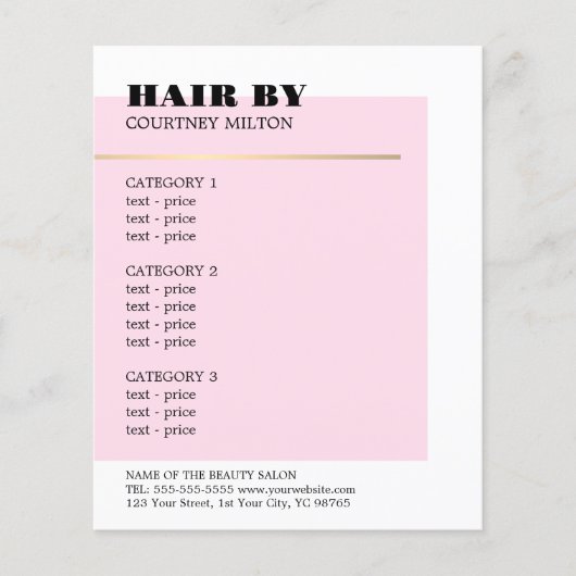 Minimaal Roos Faux Gold Line Haarstylist Menu (Voorkant)