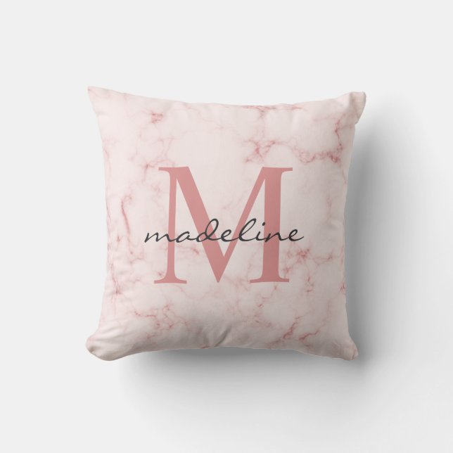 Minimaal Roos Gold Pink Marble Monogram Kussen (Voorkant)