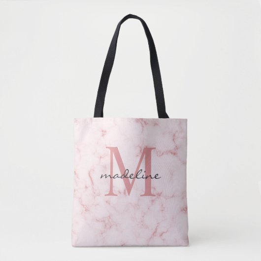 Minimaal Roos Gold Pink Marble Monogram Tote Bag (Voorkant)