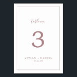 Minimaal Roos Gold Table Number Kaart<br><div class="desc">Dit minimalistische roos gouden tafelnummer is perfect voor een eenvoudige bruiloft. Het moderne romantische ontwerp kenmerkt klassiek roos goud en witte typografie in combinatie met een rustige, maar elegante kalligrafie met stijl met handschrift. in elke kleur. Houd het ontwerp eenvoudig en elegant, zoals het is, of personaliseer het door uw...</div>