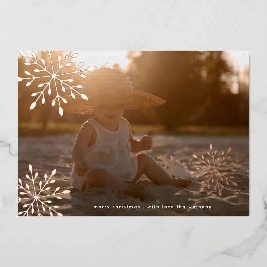 Minimaal Roos Gouden Sneeuwvlokken Vrolijke Kerstf Folie Feestdagenkaart (Voorkant)