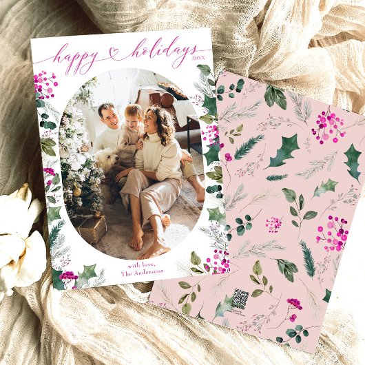 Minimaal & Roze 1 Familie Foto Prettig Kerstmis Ka Feestdagenkaart