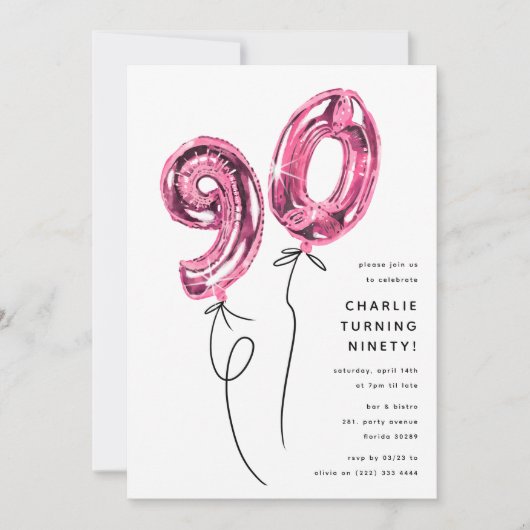 Minimaal roze 90 ballon 90ste verjaardagsfeest kaart (Voorkant)