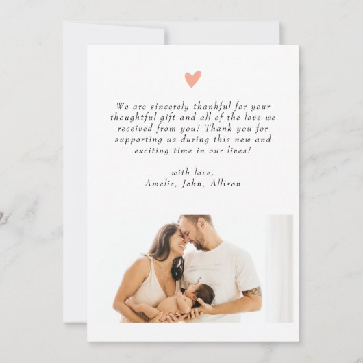 Minimaal roze script Elegant 2 foto Baby shower Bedankkaart (Achterkant)