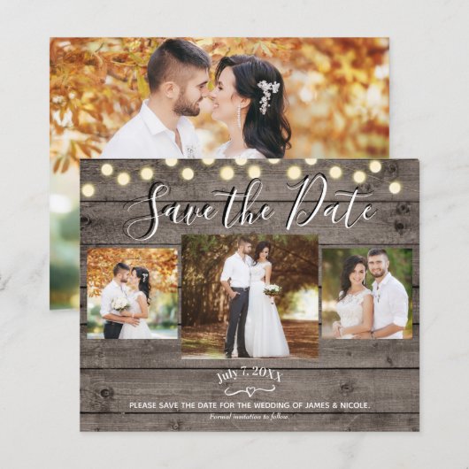 Minimaal Rustiek Hout & Lichten Foto Save the Date (Voorkant / Achterkant)