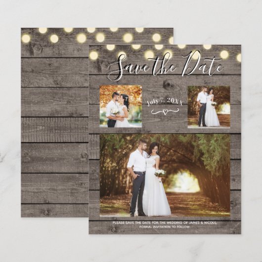 Minimaal Rustiek Hout & Lichten Foto Save the Date (Voorkant / Achterkant)