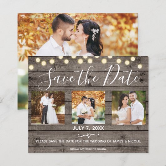 Minimaal Rustiek Hout & Lichten Foto Save the Date (Voorkant / Achterkant)