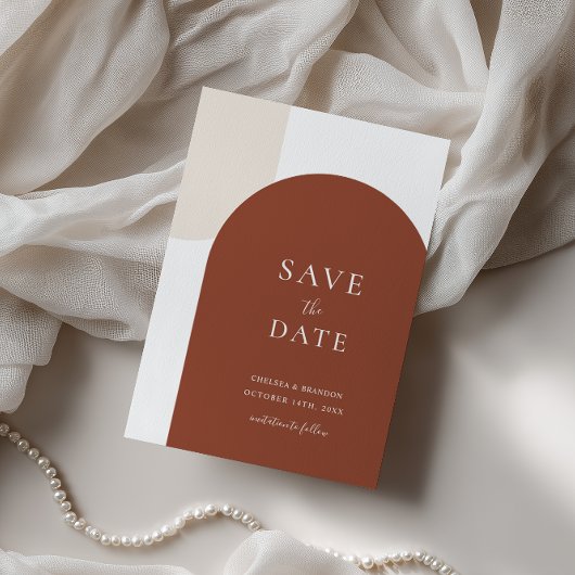 Minimaal Rustieke Terracotta Boho Boog Script Trou Save The Date