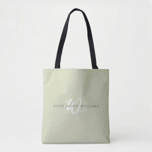 Minimaal Saliegroen Wit Script Monogram Tote Bag (Voorkant)