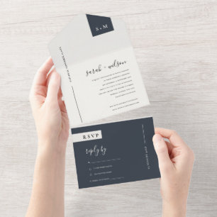 MINIMAAL SCANDI BLACK EN WITTE MONOGRAM WEDING ALL IN ONE UITNODIGING