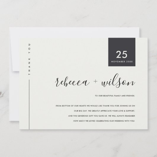 MINIMAAL SCANDI BLACK EN WITTE TYPOGRAFIE WEDING BEDANKKAART (Voorkant)