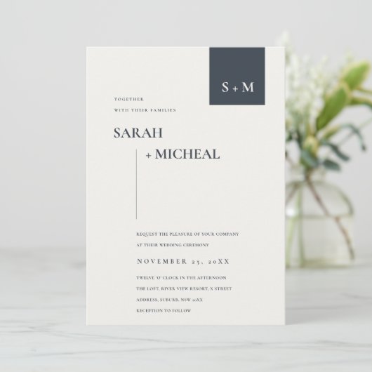 MINIMAAL SCANDI BLACK WHITE MONOGRAM WEDDING INVIT BEDANKKAART (Staand voorkant)