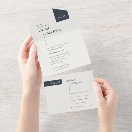 MINIMAAL SCANDI BLACK WHITE MONOGRAM WEDING ALL IN ONE UITNODIGING (Afscheurbaar)