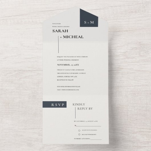 MINIMAAL SCANDI BLACK WHITE MONOGRAM WEDING ALL IN ONE UITNODIGING (Binnen)