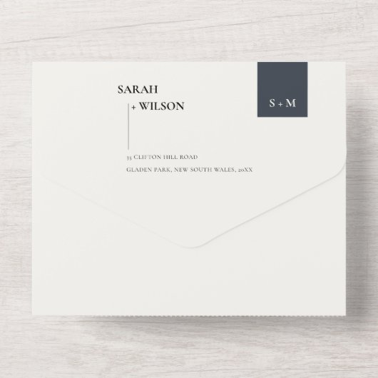 MINIMAAL SCANDI BLACK WHITE MONOGRAM WEDING ALL IN ONE UITNODIGING (Achterkant)