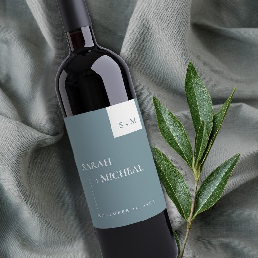 MINIMAAL SCANDI DUSKY BLUE GRAY MONOGRAM WEDING WIJN ETIKET